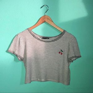 Grey striped shirt with cherry patch